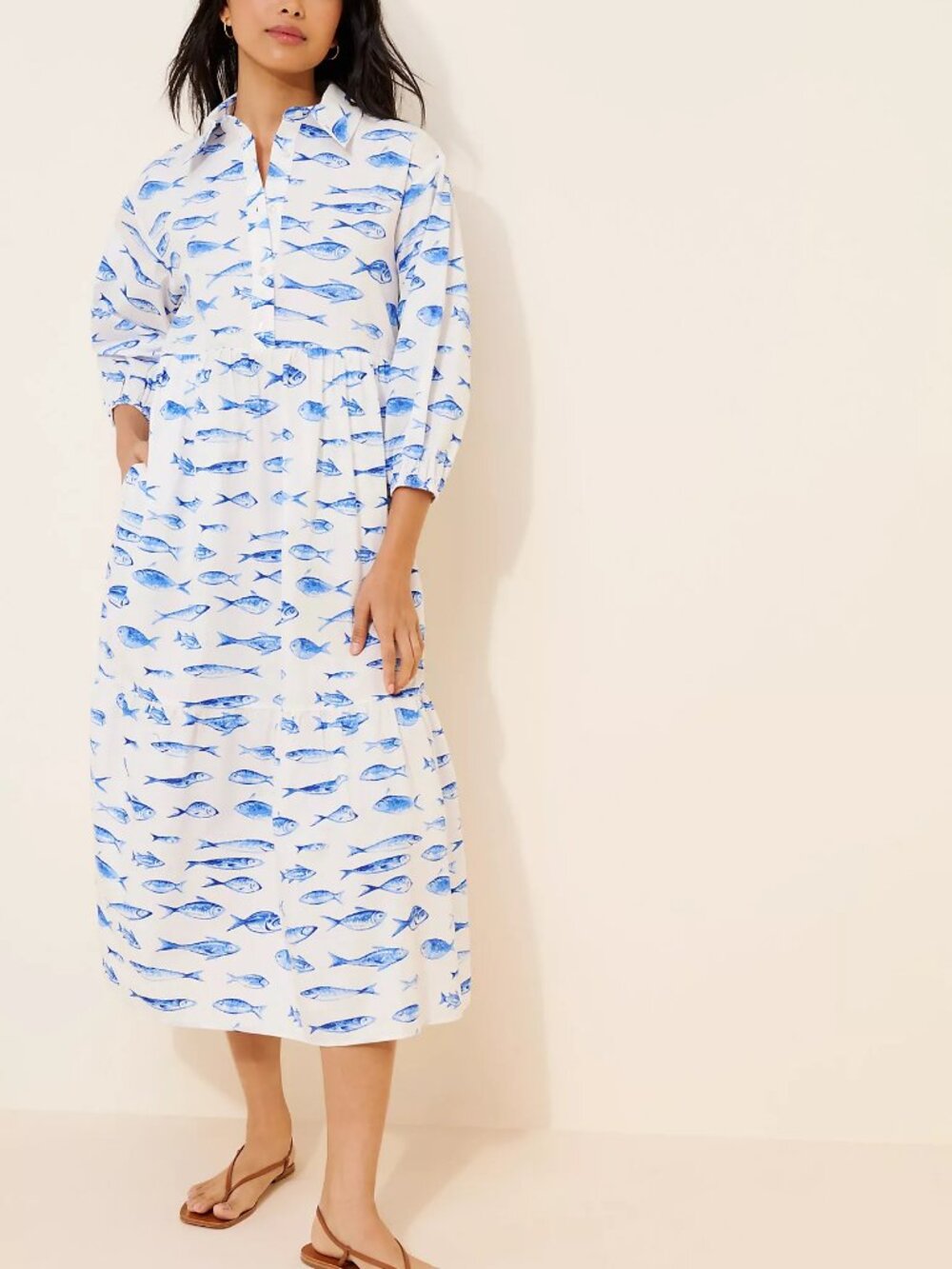 Maeve Anthropologie | Bettina Midi Dress | Fish Print Cotton | Petite S